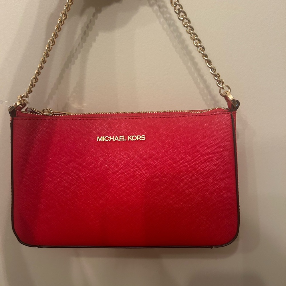 Michael Kors Red Saffiano Shoulder Bag with Gold Chain
